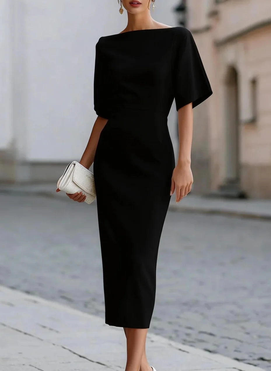 Boat Neck Midi Dress Short Sleeve Elegant Formal Cocktail Party Dress for Women