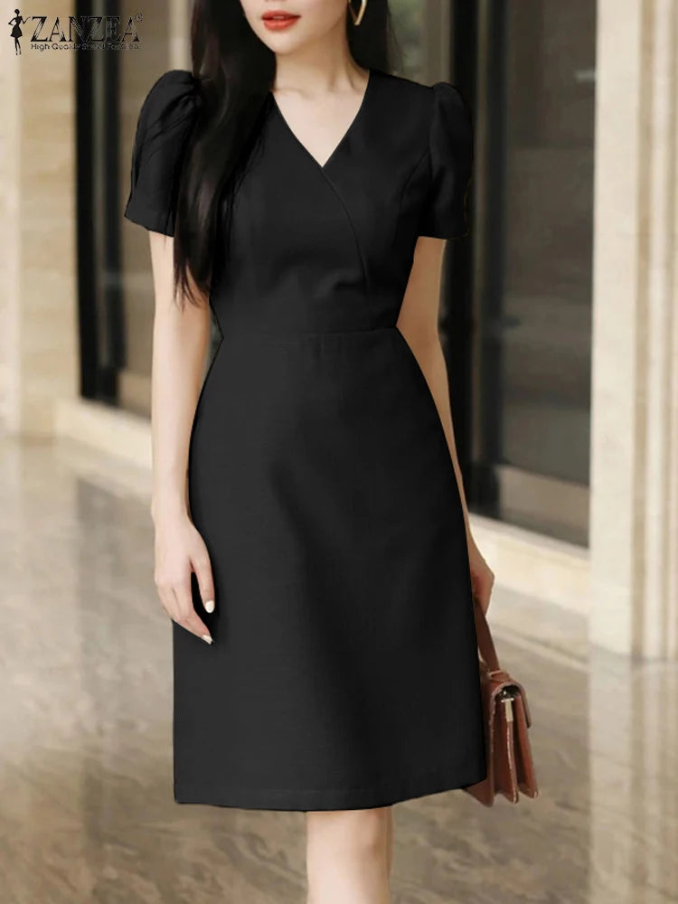 ZANZEA Elegant Women V Neck Short Sleeve OL Work Dress 2024 Summer Sundress Casual Party Knee-length Robe Femme Club Vestidos