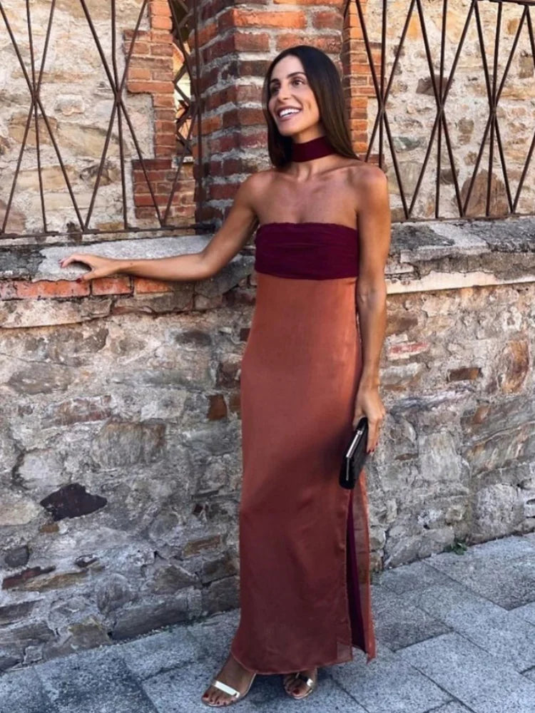 Spaghetti Strap Cape Neck Two Tone Maxi Dress Spaghetti Strap Slimming Sundress  2026 Summer Holiday Chic Ladies Party Vestidos