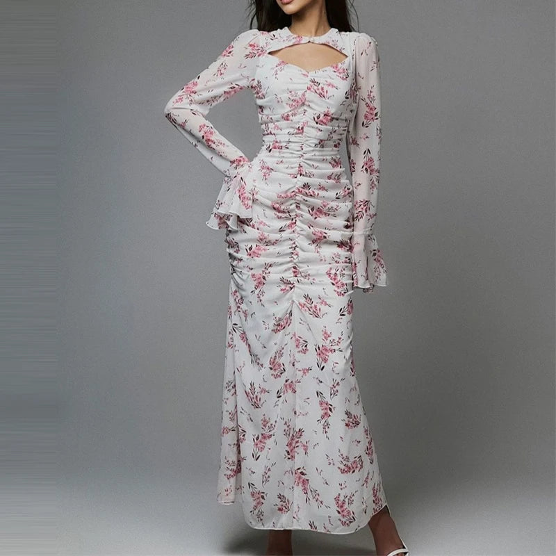 Temperament Ruffles Slim Evening Dress Lady High Street Hollow Out Long Sleeve Dress Elegant Printed Bohemian Style Party Dress