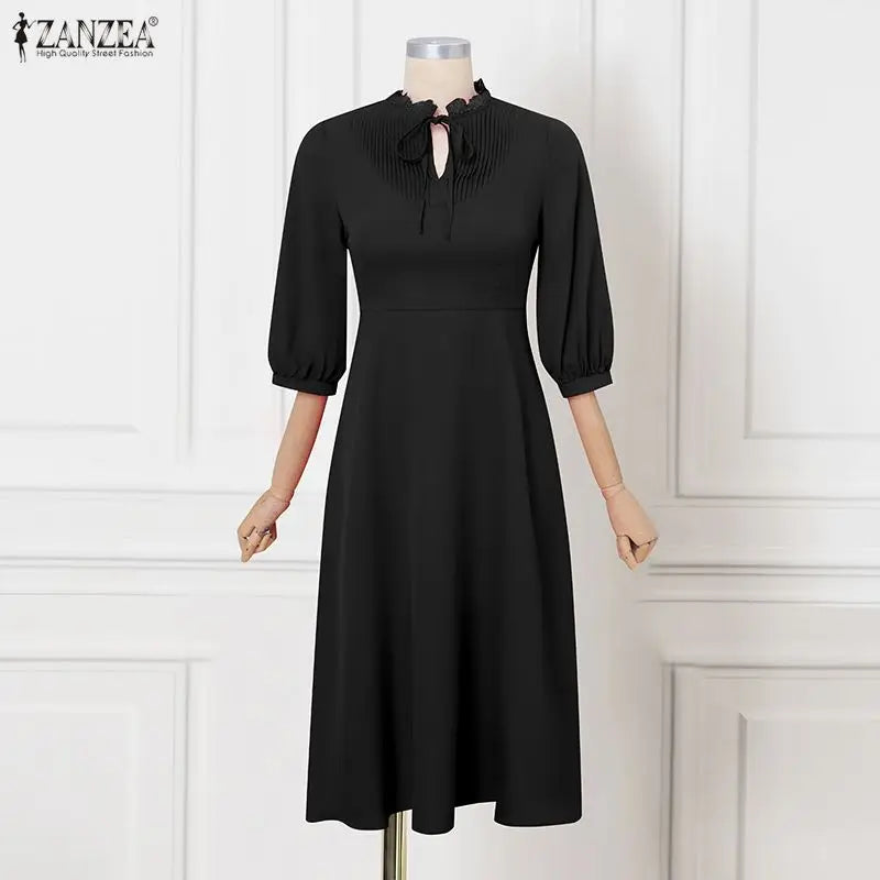 ZANZEA Pleated A-line Women Dress Summer Autumn Mid-Calf Dresses Lace Patchwork OL Party Vestidos 3/4 Sleeve Sundress Streetwear