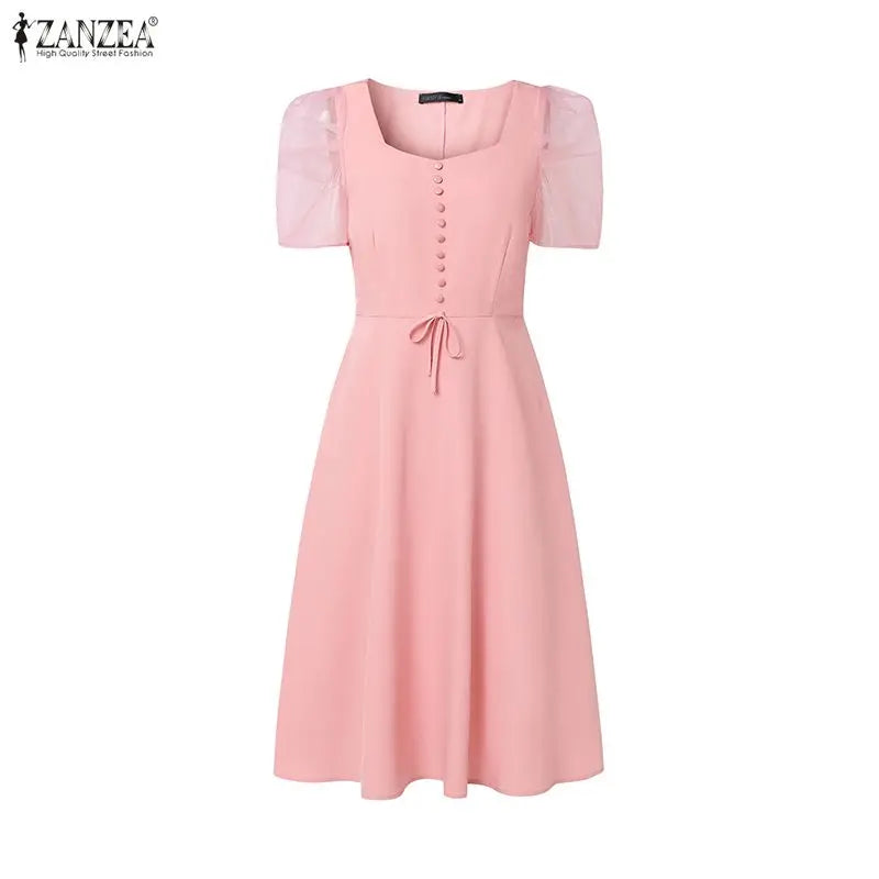 ZANZEA Women's Elegant Mesh Puff Sleeves A-Line Dresses Square Neck Cinched Waist Knee-Length Dress Summer Party Robes Femme
