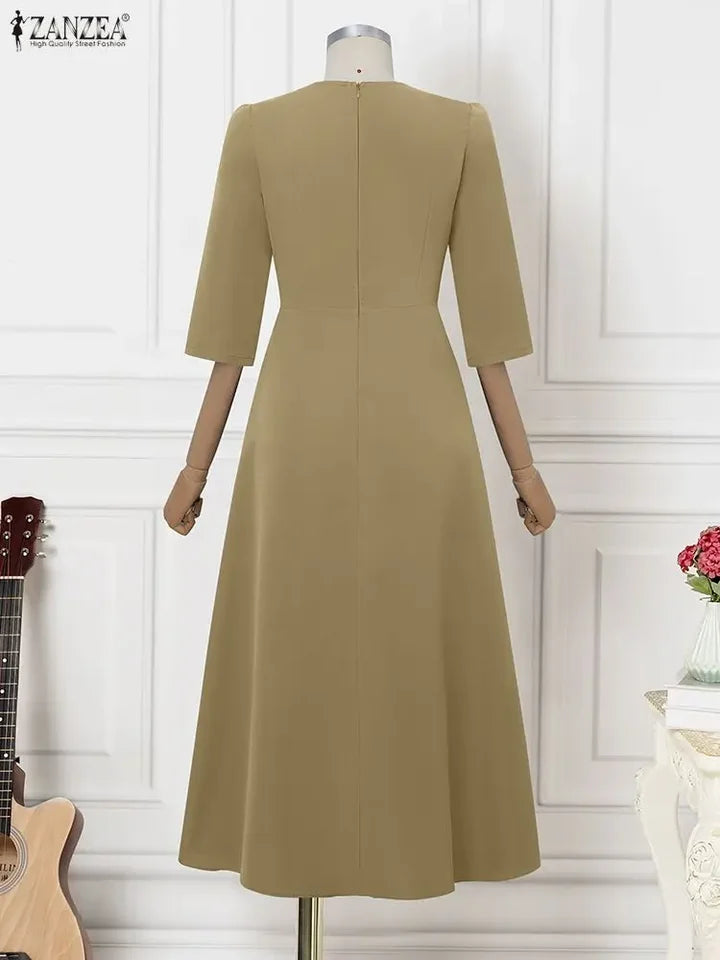 Women Long Vestidos ZANZEA Elegant Office Lady Dresses 3/4 Sleeve Casual Solid Summer Buttons Fashion Party Midi Robe Streetwear