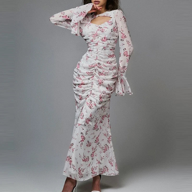 Temperament Ruffles Slim Evening Dress Lady High Street Hollow Out Long Sleeve Dress Elegant Printed Bohemian Style Party Dress