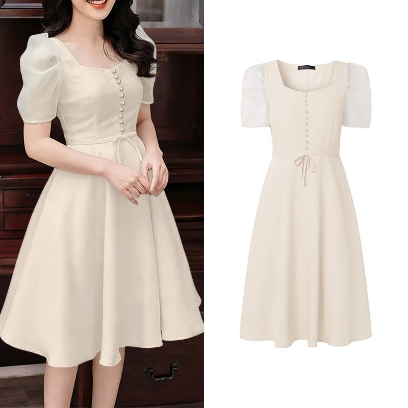 ZANZEA Women's Elegant Mesh Puff Sleeves A-Line Dresses Square Neck Cinched Waist Knee-Length Dress Summer Party Robes Femme