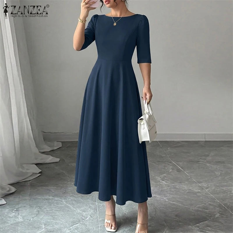 2026 Elegant Party Dress ZANZEA Women Stylish Half Sleeve A Line Dress Sundres Spring Office OL Dresses Solid Pleated Midi Robe