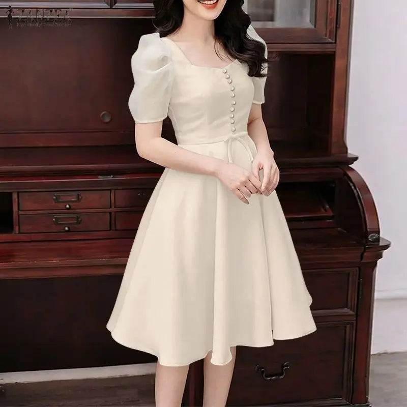 ZANZEA Women's Elegant Mesh Puff Sleeves A-Line Dresses Square Neck Cinched Waist Knee-Length Dress Summer Party Robes Femme