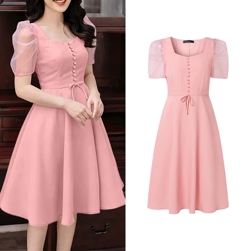 ZANZEA Women's Elegant Mesh Puff Sleeves A-Line Dresses Square Neck Cinched Waist Knee-Length Dress Summer Party Robes Femme