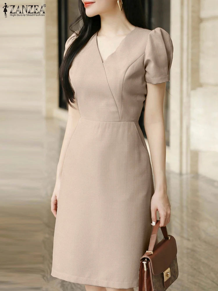 ZANZEA Elegant Women V Neck Short Sleeve OL Work Dress 2024 Summer Sundress Casual Party Knee-length Robe Femme Club Vestidos